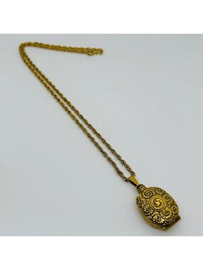Victorian Revival Pill Box Pendant Necklace Gold Tone Swirl Chain Vintage
